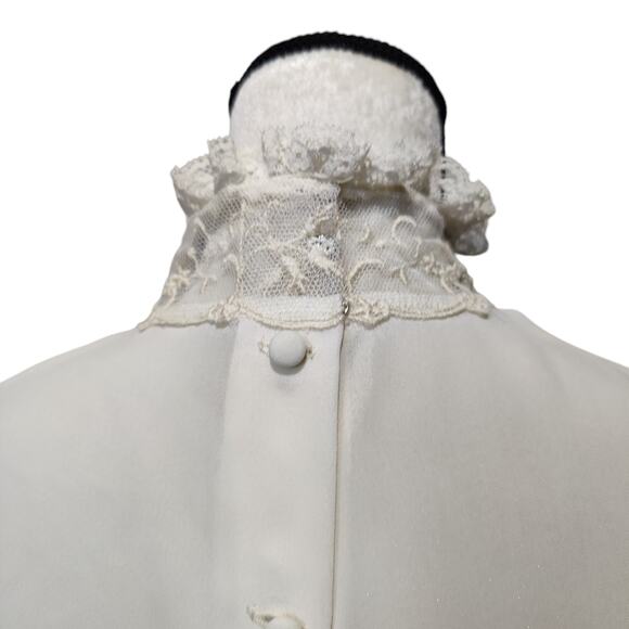 Vintage Ivory Edwardian Cut Out Lace High Collar Shirt Button Up Frilly Coquette - Picture 4 of 8